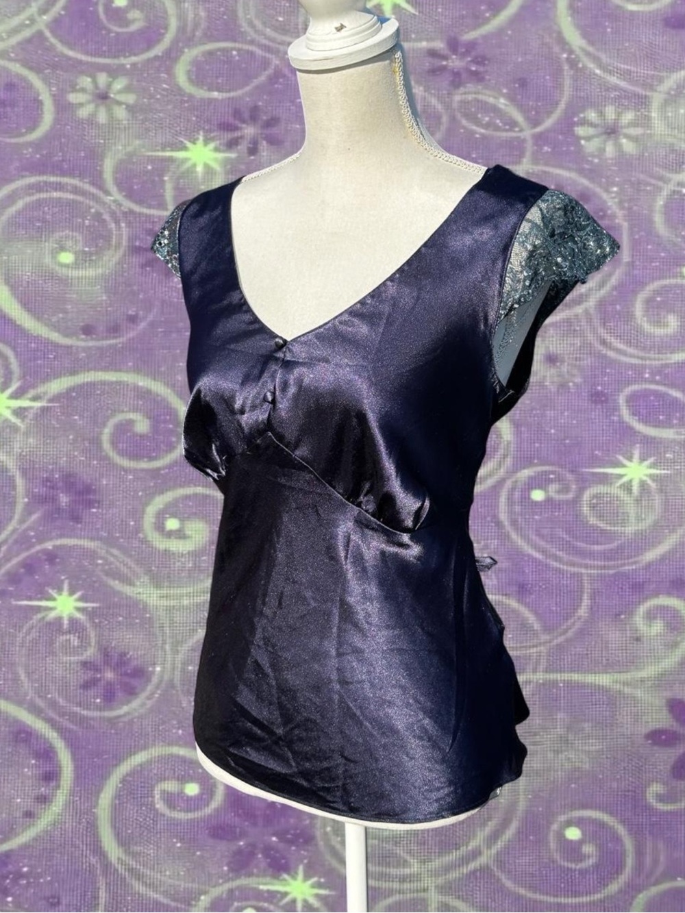 Satin V-Neck Cap Sleeve Top - Midnight Blue
